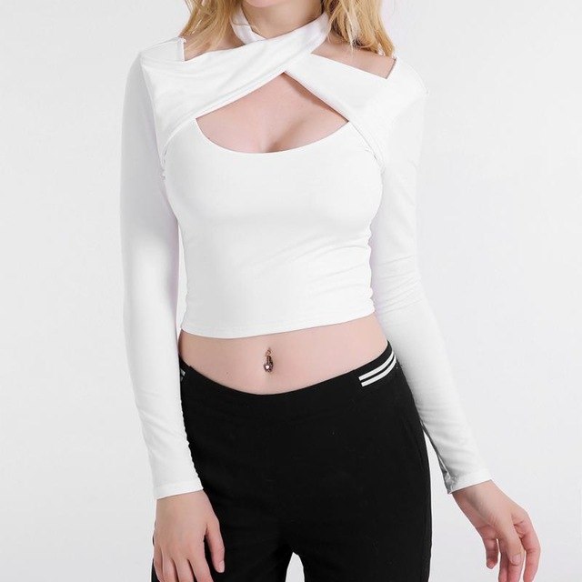 Cross Wrap Design Women's Sexy Long Sleeves Crop Tops