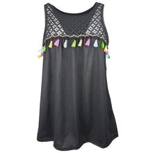 Load image into Gallery viewer, Women&#39;s Multi Colored Tassel Trim Design Black Sleeveless Tank Tops - Ailime Designs