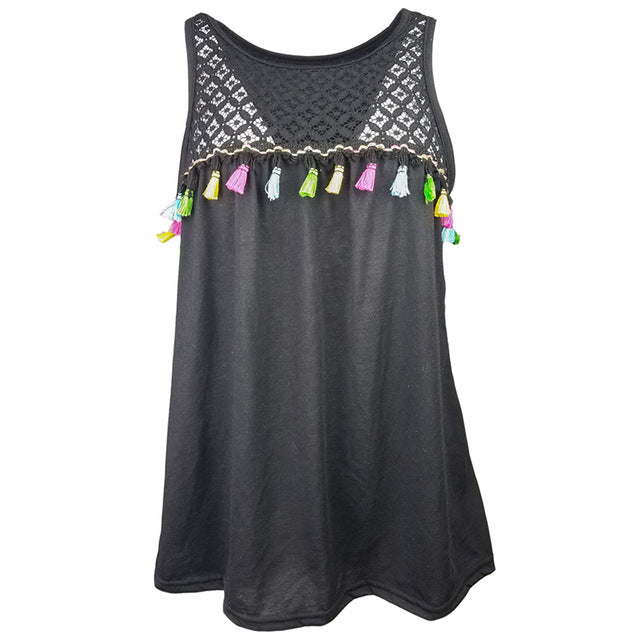 Women's Multi Colored Tassel Trim Design Black Sleeveless Tank Tops - Ailime Designs