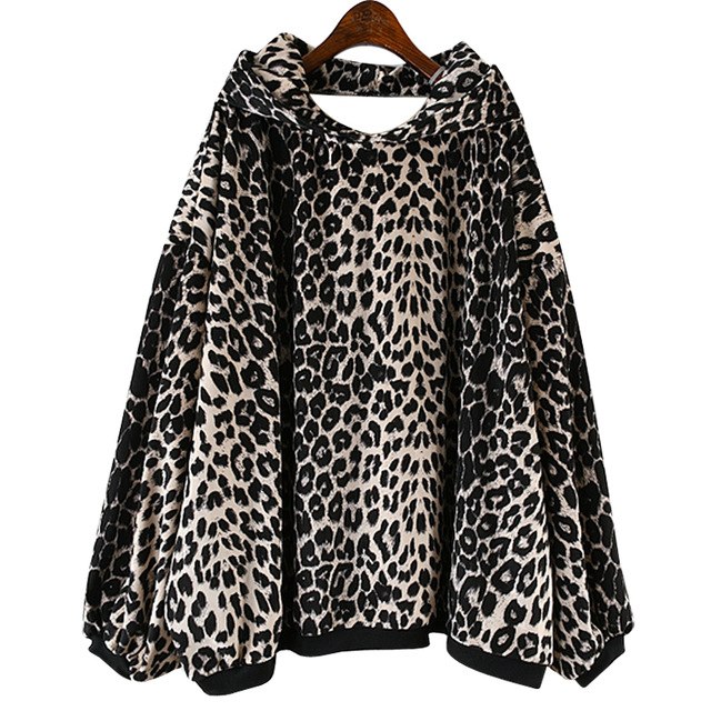 Leopard Cloak Style Women's Leopard Sweatshirts - Wide Sleeves w/ Hood & Black Contrast Trimming