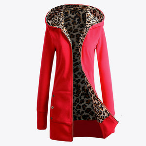 Women's Red Leopard Lined Long Sleeve Hooded Jackets - Ailime Designs