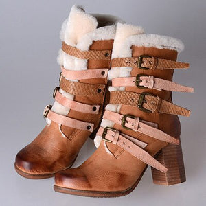 Women's Multi Colored Strap Buckle Design Fur Trim Boots