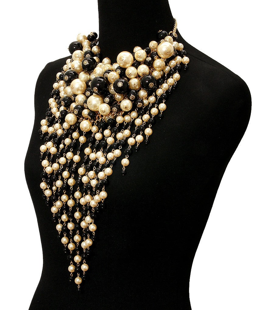 Oversize Chunky Pearl Blak/Ivory Choker Necklace Set - Neckline Fashion Accessories