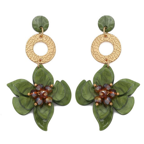 Bohemian Beaded Flower Design Green Resin Earrings - Ailime Designs