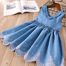 Load image into Gallery viewer, Children&#39;s Denim Pink Embroidered Design Scallop Flare Dresses - Ailime Designs