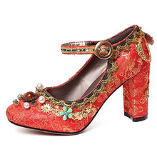 Load image into Gallery viewer, Women&#39;s Embroidery Floral Print Design Mary Jane Heels