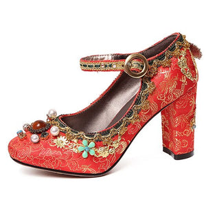 Women's Embroidery Floral Print Design Mary Jane Heels
