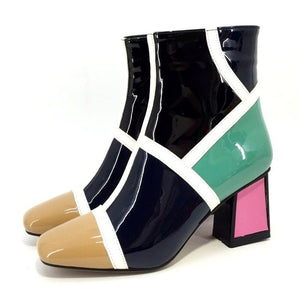 Women's Patent Leather Block Design Ankle Boots