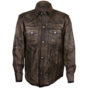 Xelement XS942 Men's Distressed Brown Leather Shirt with Buffalo Buttons