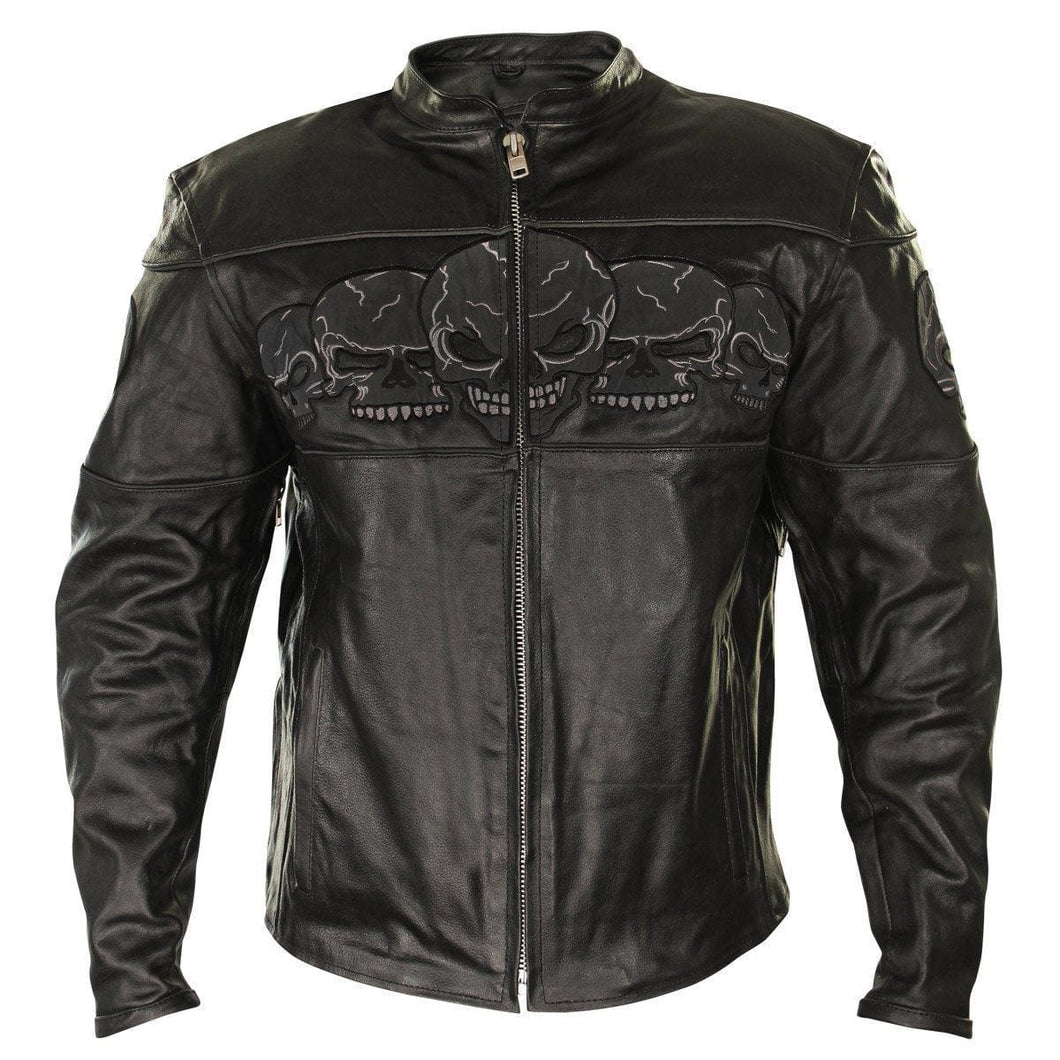 Xelement BXU6050 Men's Black Armored Leather Motorcycle Jacket with Skull Embroidery - Ailime Designs