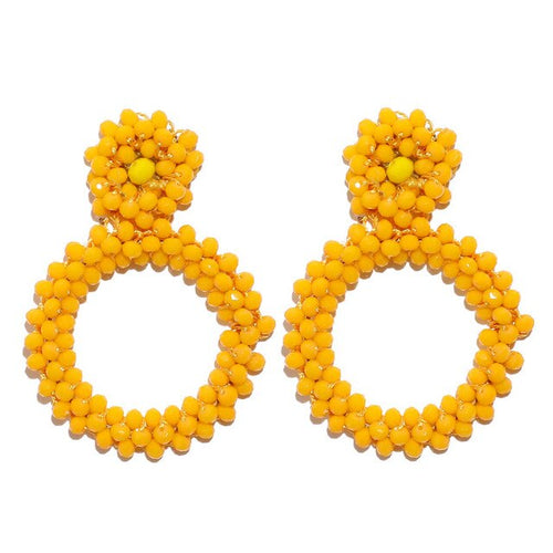 Beaded Round Yellow Loop Earrings - Ailime Designs
