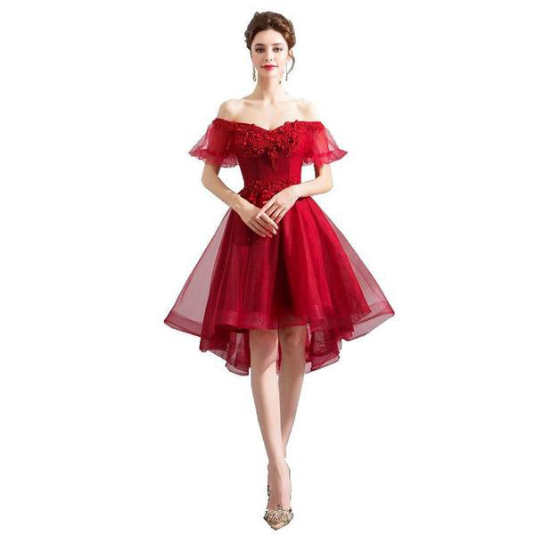 Women's Burgundy  Bandeau Shoulders Organza Evening Flare Dress w/ Beautiful Applique Design - Ailime Designs