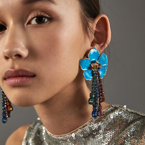 Enamel Flower Drop Earrings w/ Crystal Tassels - Ailime Designs