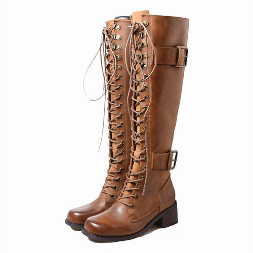 Women's Equestrian Lace Front Design Leather Riding Boots