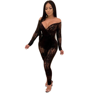 Women's Sheer Abstract Style Long Sleeve Bodycon Jumpsuits