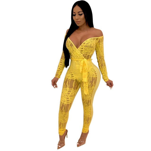 Women's Sheer Abstract Style Long Sleeve Bodycon Jumpsuits