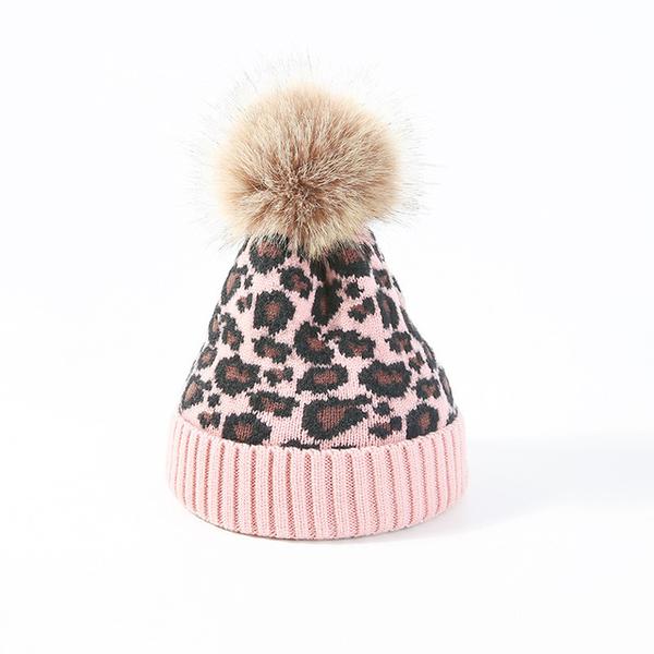 Children's Stylish Fur Lined Leopard Knit Pom Pom Beanie Caps – Sun Protectors