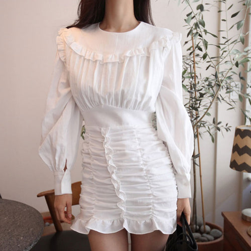 White Pleated Balloon Sleeve Ruffle Bottom Mini Dress - Ailime Designs