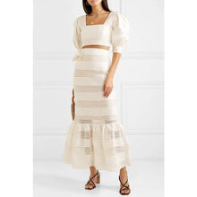 Load image into Gallery viewer, Women&#39;s 2PC Crop Top &amp; Ruffle Bottom Skirt w/ Stripe Design Panels &amp; Puff Sleeves