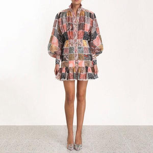 Women's Multi Colored Block Print Design Ruffle Trim Mini Dresses - Ailime Designs