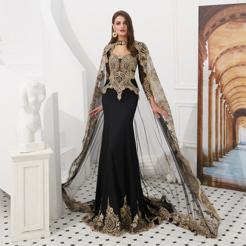 Dubai Embroidered Black Lace Cape Style Evening Gown Dresses - Ailime Designs