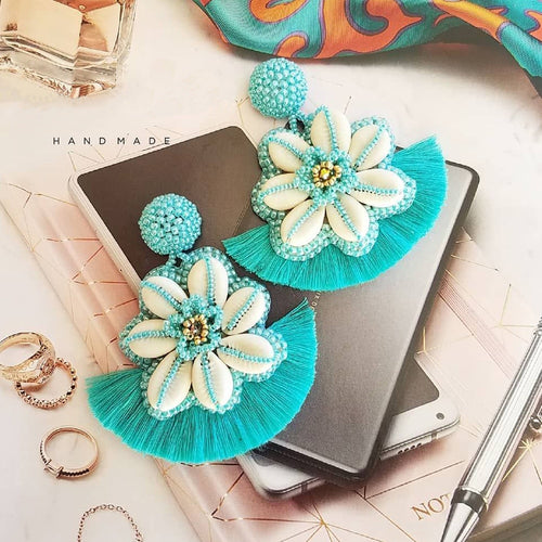 Bohemian Beaded Flower Motif Design Tassel Trim Drop Earrings - Ailime Designs