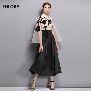 High Quality Brand Chinese Dress Women Sheer Mesh Appliques Embroidery Patchwork Flare Sleeve Vintage Party Novelty Dress Femmes