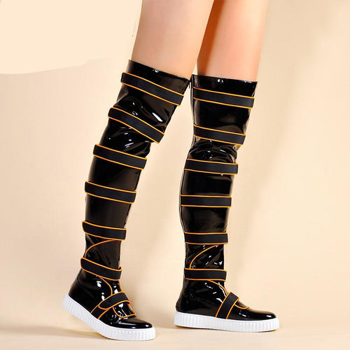 Women's Strap Design Knee High Patent Leather Boots