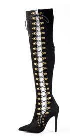 Women's Side Panel Cross Lace Design - Knee High Boots
