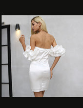 Load image into Gallery viewer, White Satin Women&#39;s Puff Sleeve Bandeau Design Dress - Ailime Designs