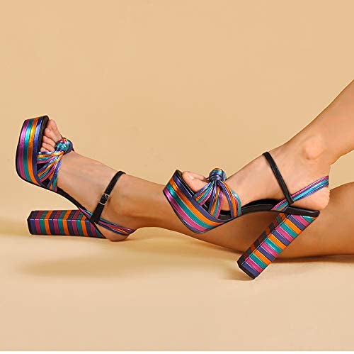 Women's Stylish Rainbow Strap Ankle Design Platform Heels