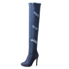 Load image into Gallery viewer, Women&#39;s Frayed Denim Style Knee-High Boots
