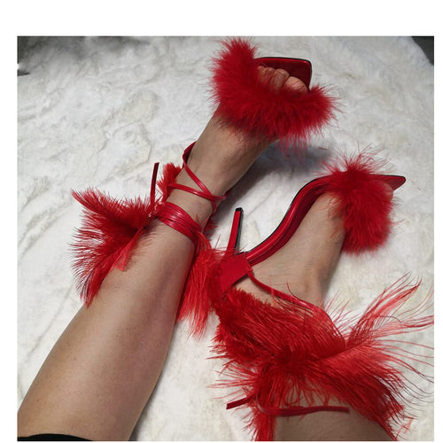 Red Sexy Feather Design High Heels - Ailime Designs