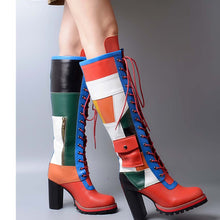 Load image into Gallery viewer, Women&#39;s Block Print Design Genuine Leather Skin Knee-High Boots