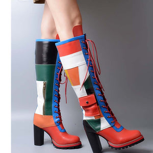 Women's Block Print Design Genuine Leather Skin Knee-High Boots