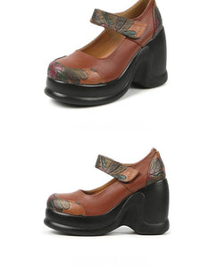 Women's Embossed Floral Design Platform Mary Jane Shoes - Ailime Designs