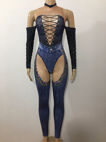Women's Stage Performance Denim Screen Print Design Jumpsuit Costume – Entertainment Industry