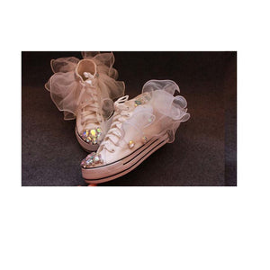 Women's Tulle Ruffle Trim & Crystal Design Tennis Shoes