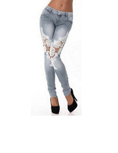 Load image into Gallery viewer, Women&#39;s Straight Leg Lace Applique Design Blue Denim - Ailime Designs
