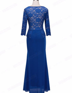 Blue Elegant Women's Long Sleeve Lace Peplum Dress -Ailime Designs - Ailime Designs