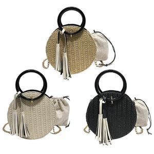 Women's Round Woven Straw Tassel Design Cross-body Bags
