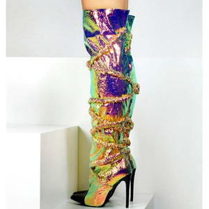 Women's Cross-Wrap Trim Design Metallic PU Leather Thigh High Boots