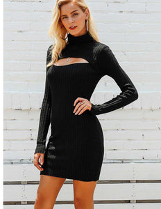 Women's Long Sleeve Turtle neck Ribbed Fitted Bodycon Knit Dresses w/ Hollow-out Chest - Ailime Designs